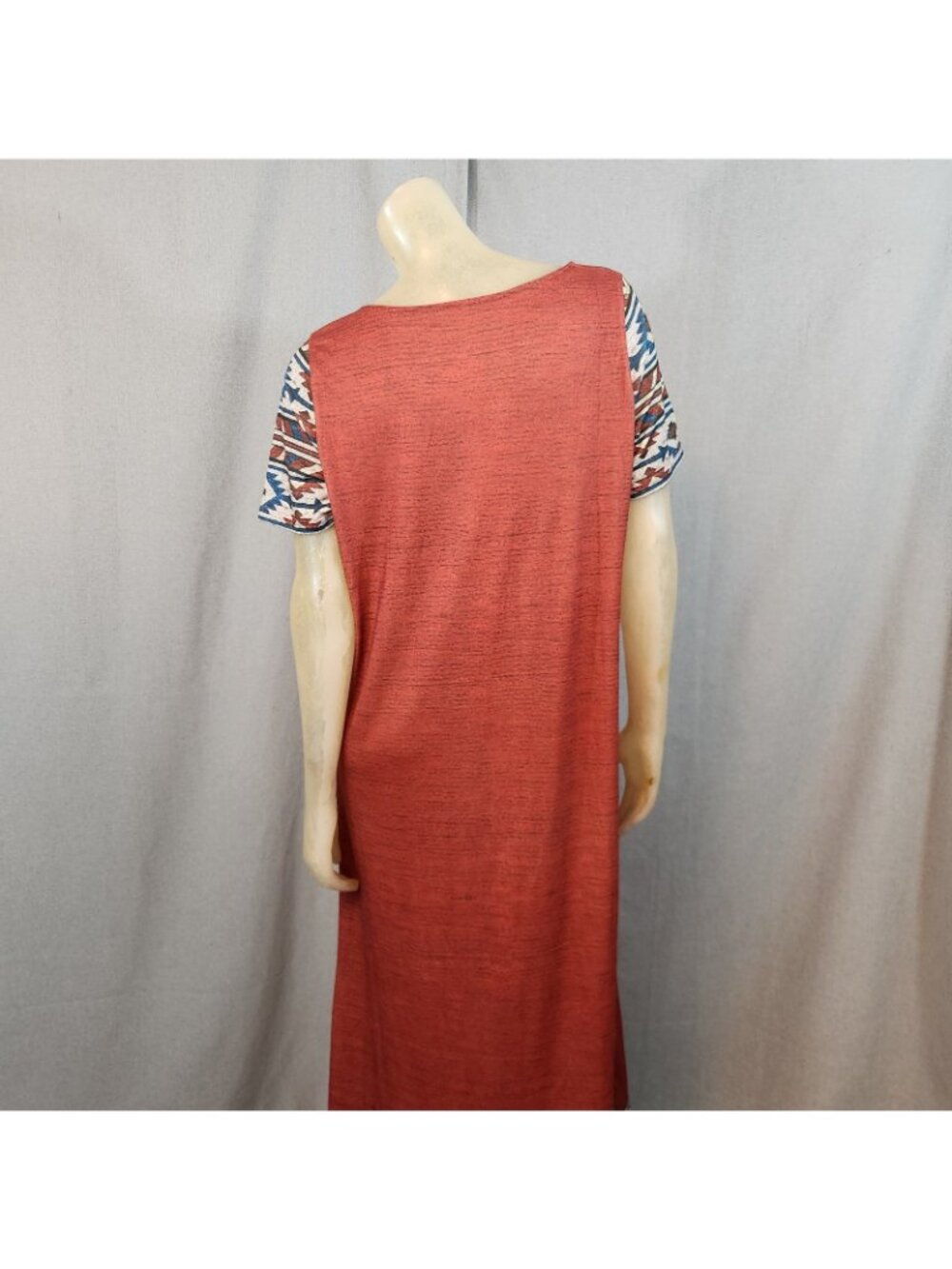 Southwestern Style Blue Orange Pattern Short Slv Scoop Nck Long Dress Maxi LARGE - Picture 4 of 9